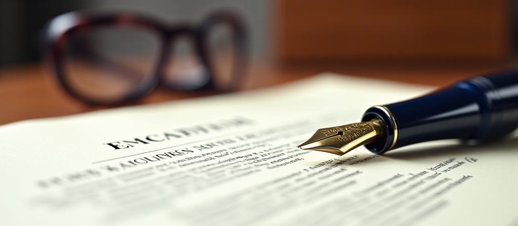 Close up of a fountain pen and a legal document on a mahogany desk